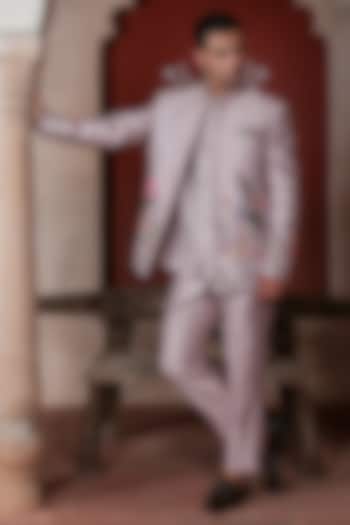 Purple Shimmer Silk Thread Embellished Indo-Western Set by Kushal's Men at Pernia's Pop Up Shop