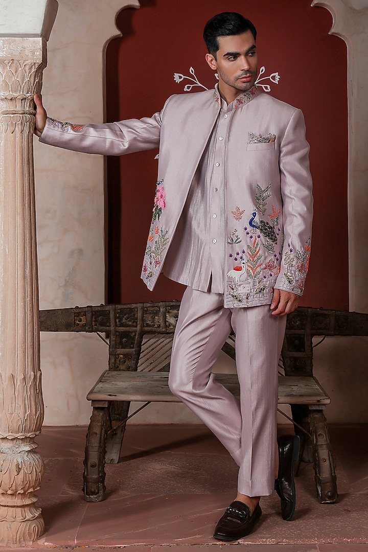 Purple Shimmer Silk Thread Embellished Indo-Western Set by Kushal's Men at Pernia's Pop Up Shop