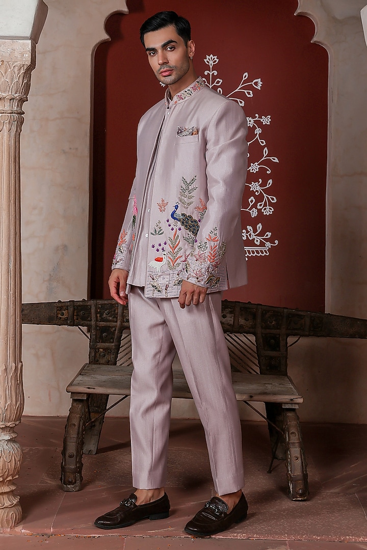 Purple Shimmer Silk Thread Embellished Indo-Western Set by Kushal's Men at Pernia's Pop Up Shop