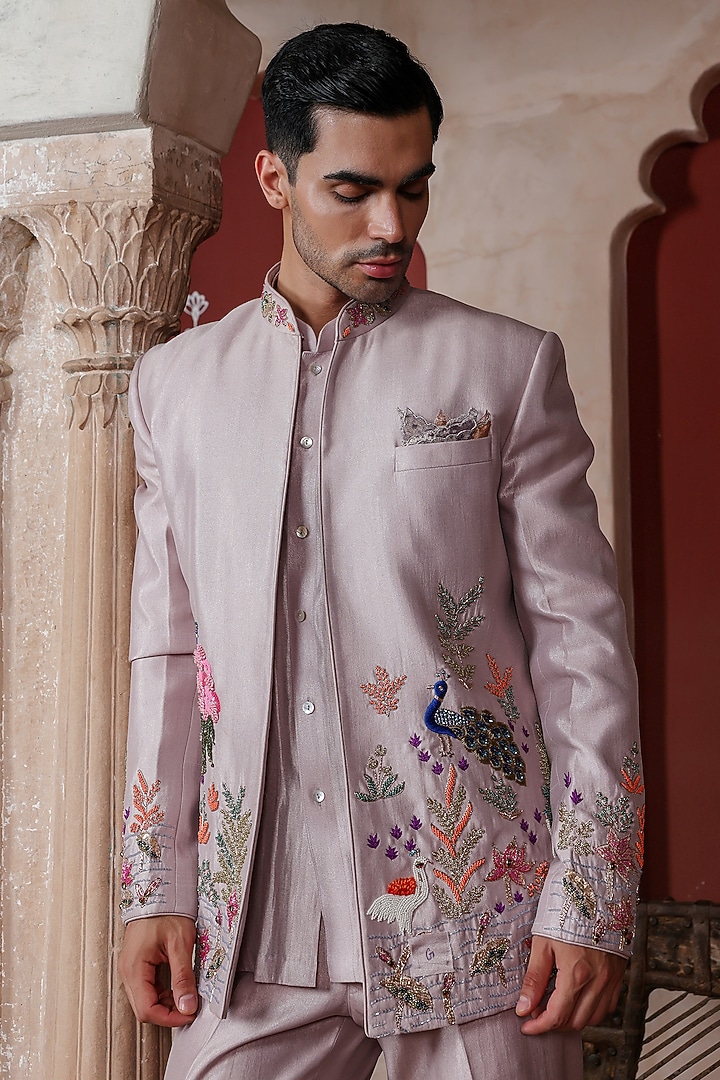 Purple Shimmer Silk Thread Embellished Indo-Western Set by Kushal's Men at Pernia's Pop Up Shop