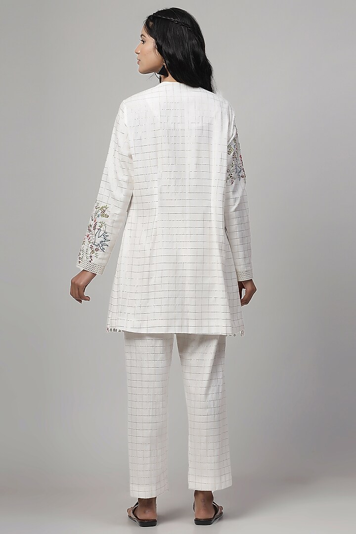 White Chanderi Embroidered Jacket Set by Kushani at Pernia's Pop Up Shop