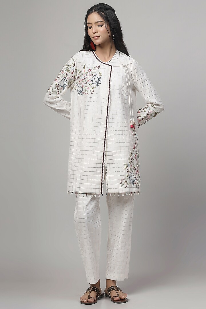 White Chanderi Embroidered Jacket Set by Kushani at Pernia's Pop Up Shop