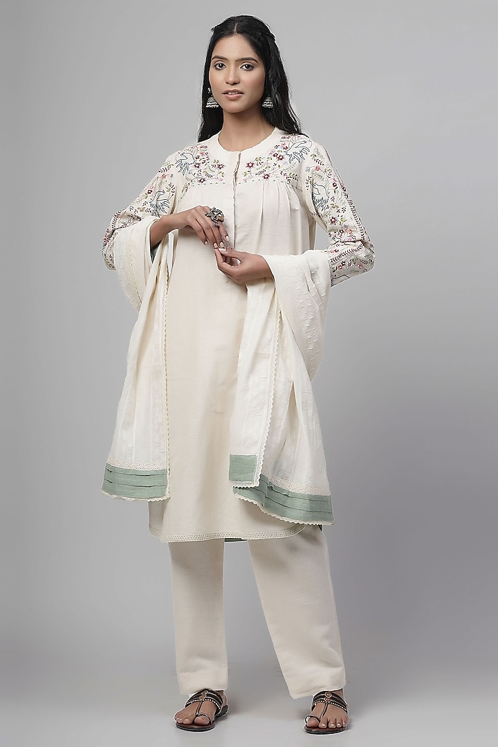 Light Beige Cotton Linen Embroidered Kurta Set by Kushani at Pernia's Pop Up Shop