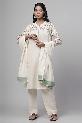 Light Beige Cotton Linen Embroidered Kurta Set by Kushani
