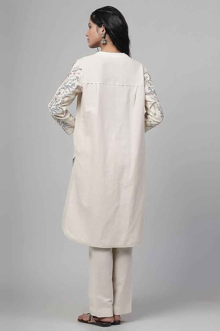Light Beige Cotton Linen Embroidered Kurta Set by Kushani at Pernia's Pop Up Shop