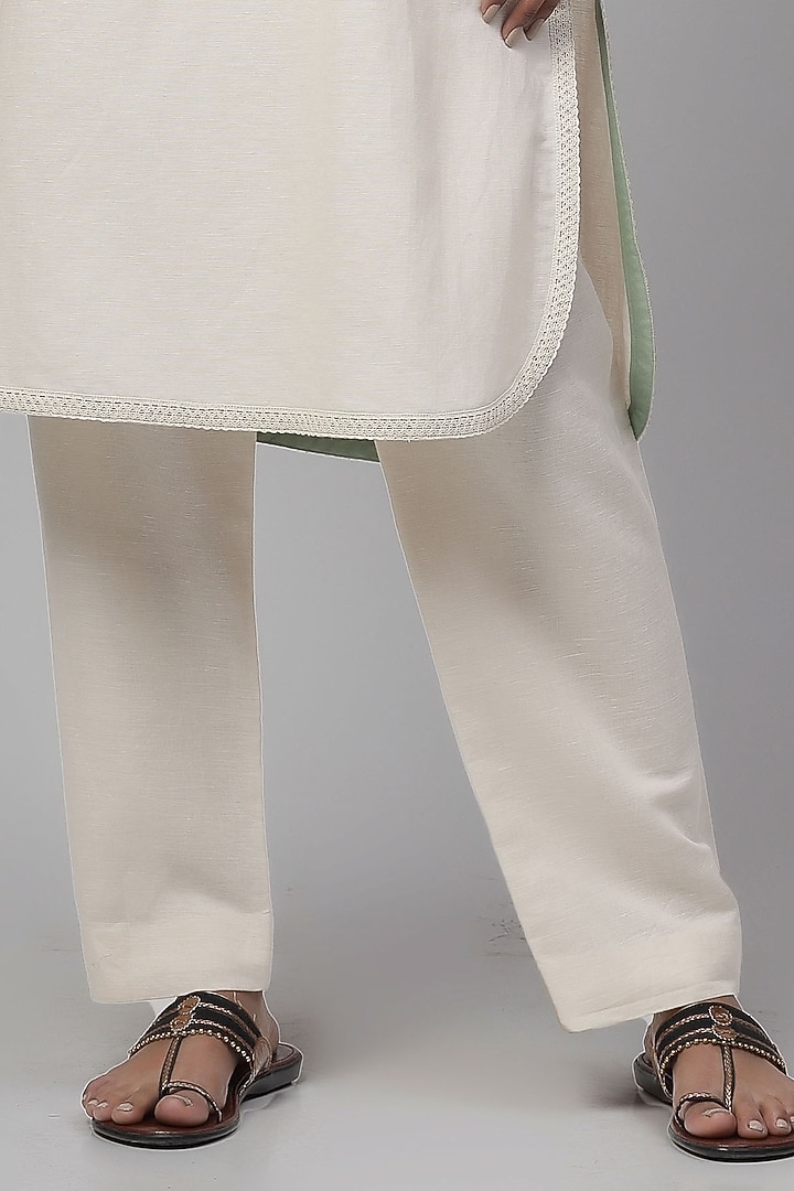 Light Beige Cotton Linen Embroidered Kurta Set by Kushani at Pernia's Pop Up Shop