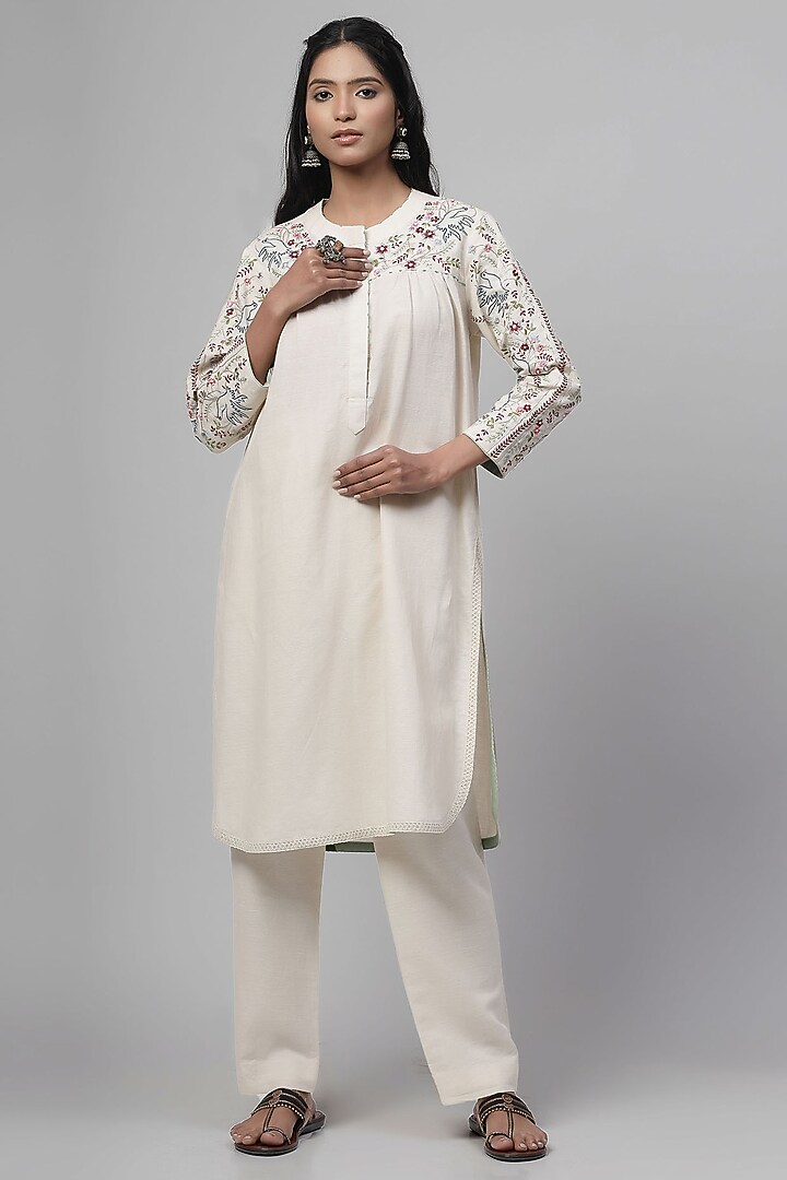 Light Beige Cotton Linen Embroidered Kurta Set by Kushani at Pernia's Pop Up Shop