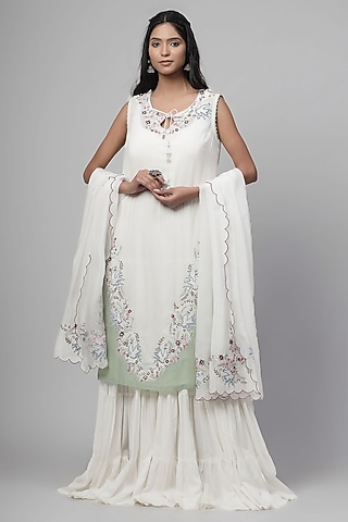 Porcelain White Chanderi & Cotton Embroidered Kurta Set by Kushani