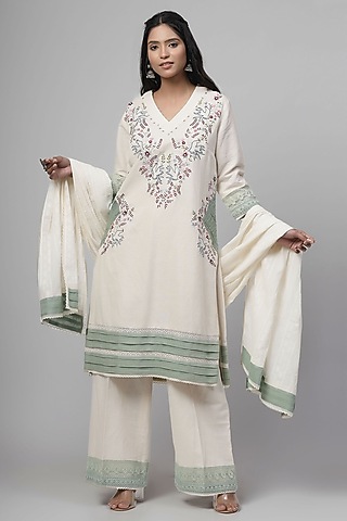 Light Beige Cotton Linen Embroidered Kurta Set by Kushani