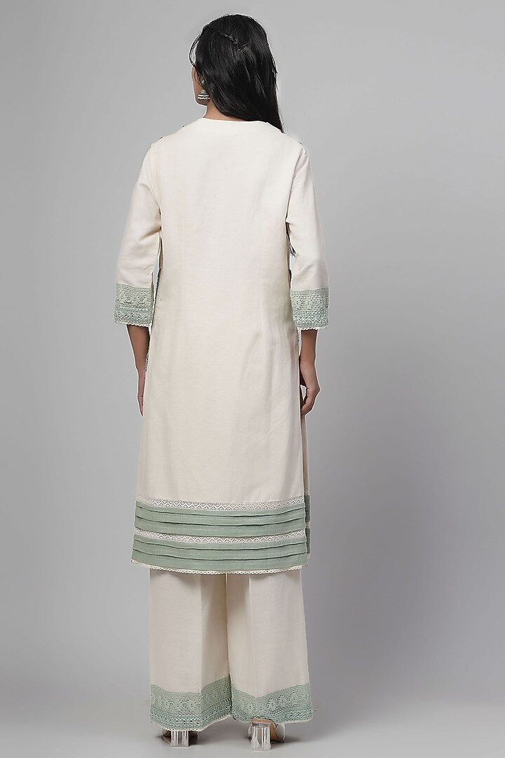 Light Beige Cotton Linen Embroidered Kurta Set by Kushani at Pernia's Pop Up Shop