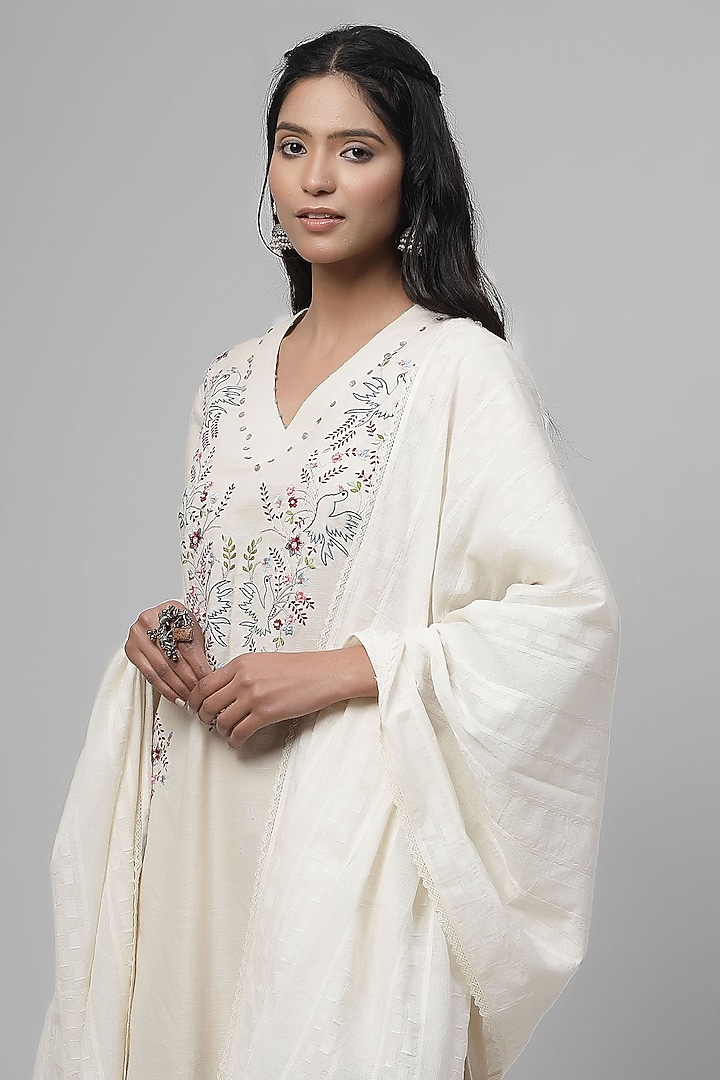 Light Beige Cotton Linen Embroidered Kurta Set by Kushani at Pernia's Pop Up Shop