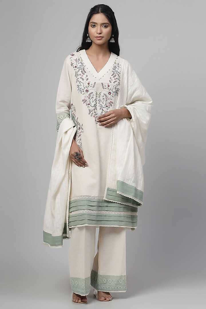 Light Beige Cotton Linen Embroidered Kurta Set by Kushani at Pernia's Pop Up Shop