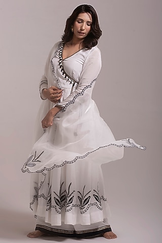 Porcelain White Cotton Silk Applique Embroidered Anarkali Set by Kushani