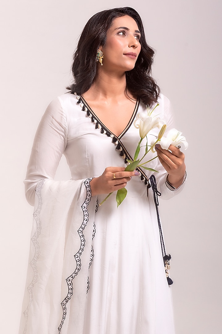Porcelain White Cotton Silk Applique Embroidered Party Wear Anarkali Set by Kushani at Pernia's Pop Up Shop