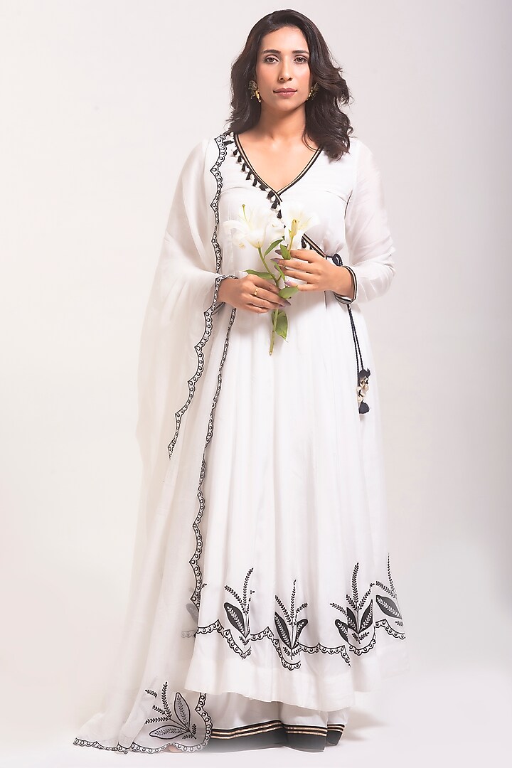 Porcelain White Cotton Silk Applique Embroidered Party Wear Anarkali Set by Kushani at Pernia's Pop Up Shop