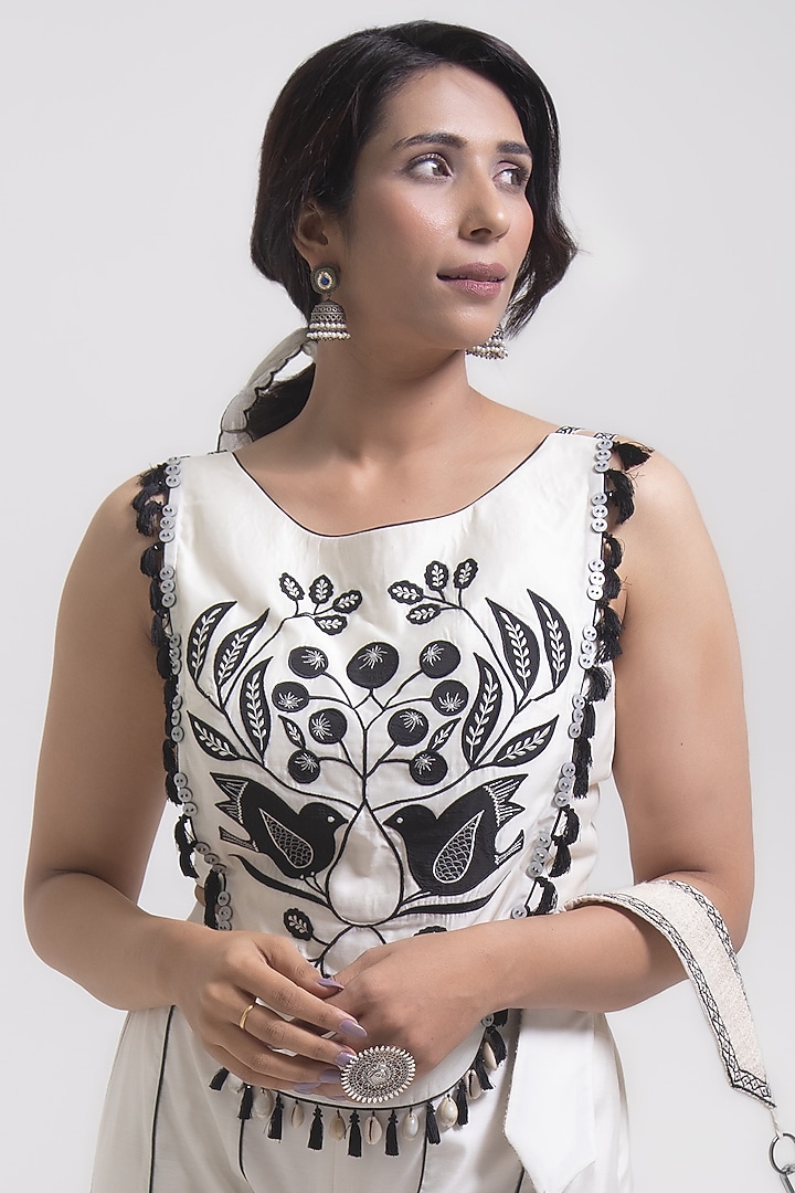 Porcelain White Chanderi Silk Applique Embroidered Co-Ord Set by Kushani at Pernia's Pop Up Shop