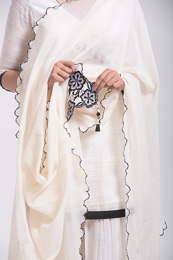 Porcelain White Georgette Applique Embroidered Gharara Set by Kushani at Pernia's Pop Up Shop