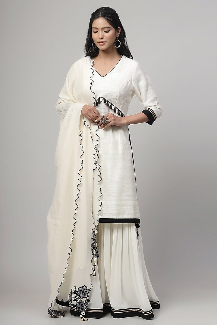 Porcelain White Georgette Applique Embroidered Gharara Set by Kushani at Pernia's Pop Up Shop