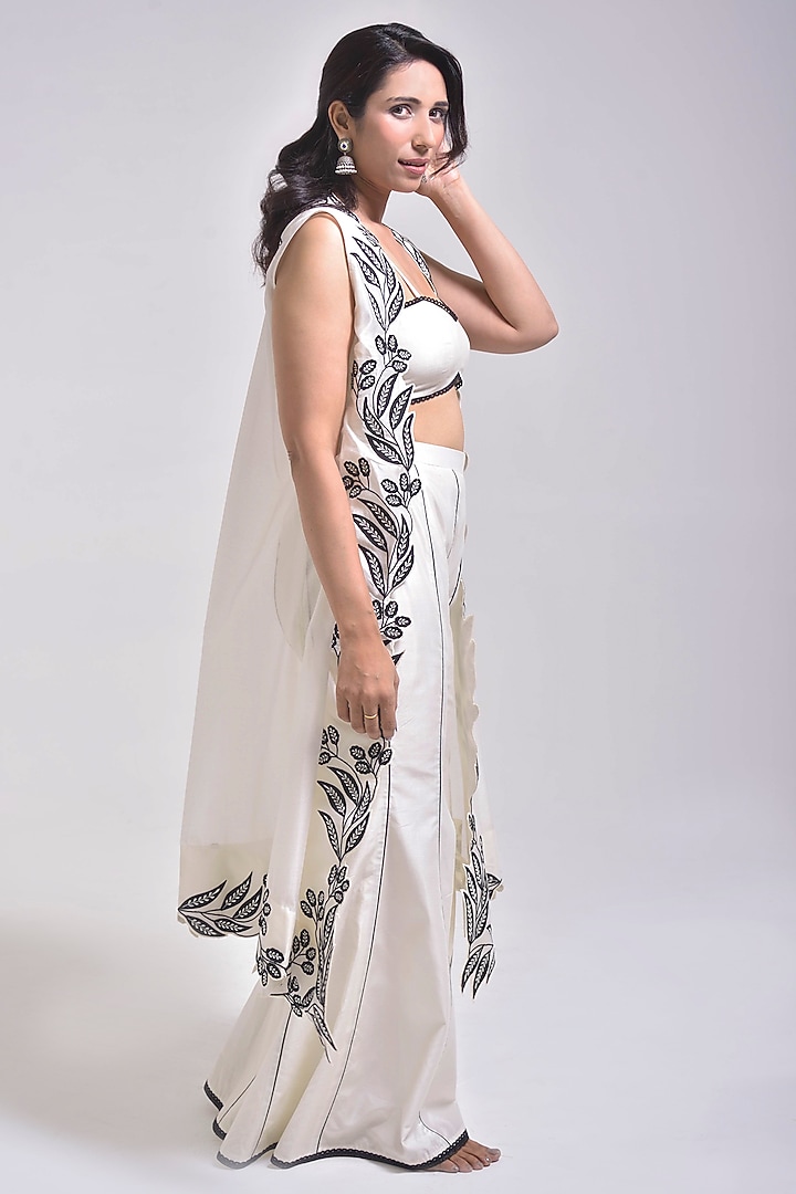 Porcelain White Chanderi Silk Applique Embroidered Cape Set by Kushani at Pernia's Pop Up Shop