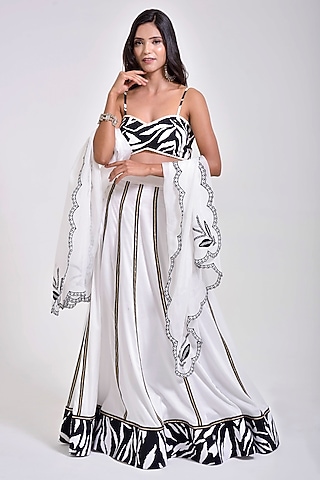 Porcelain White Cotton Silk Applique Embroidered Lehenga Set by Kushani
