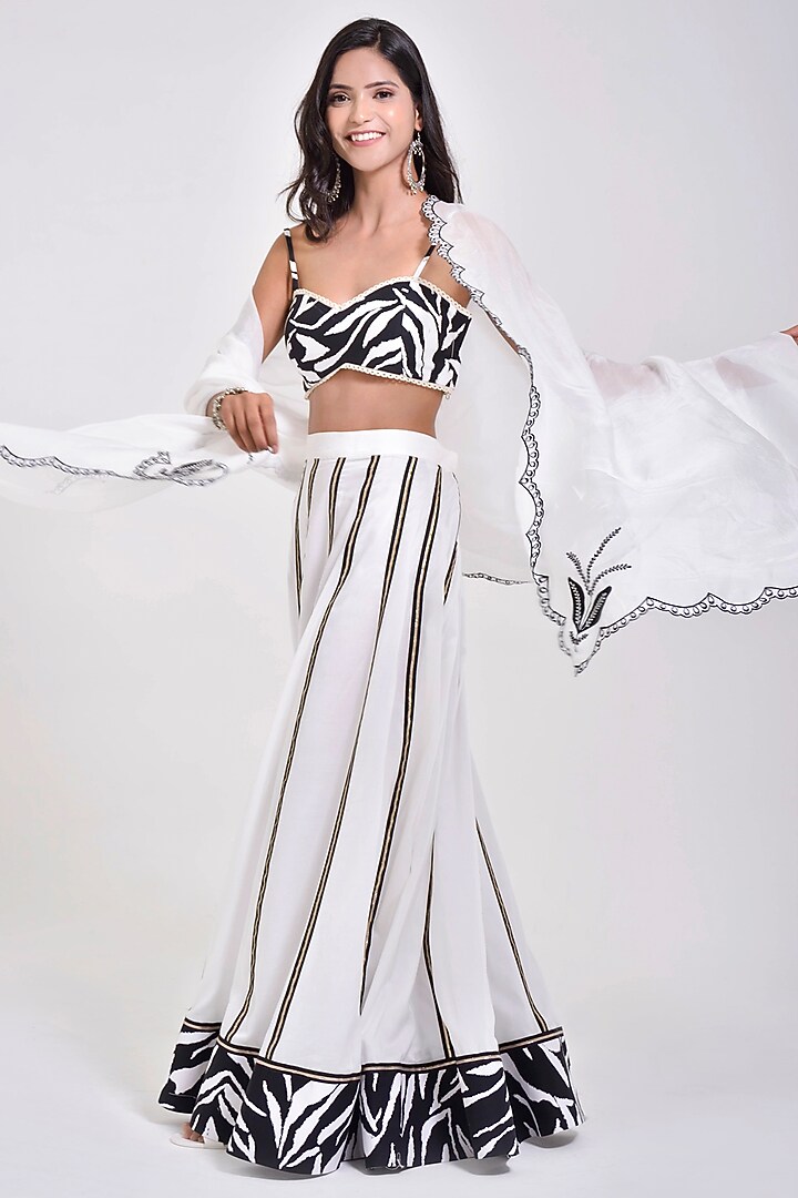 Porcelain White Cotton Silk Applique Embroidered Lehenga Set by Kushani at Pernia's Pop Up Shop