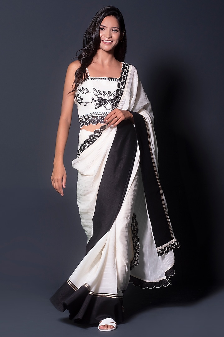 Ivory Georgette Applique Embroidered Scalloped Saree Set by Kushani at Pernia's Pop Up Shop