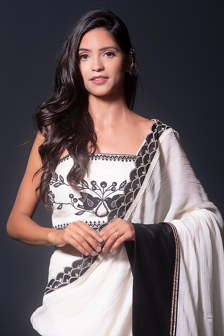 Ivory Georgette Applique Embroidered Scalloped Party Wear Saree Set by Kushani at Pernia's Pop Up Shop