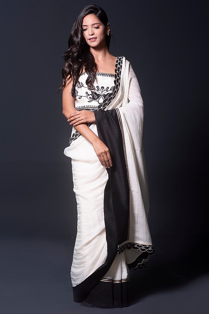 Ivory Georgette Applique Embroidered Scalloped Party Wear Saree Set by Kushani at Pernia's Pop Up Shop