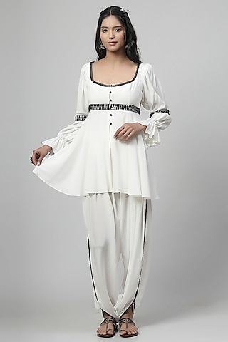 Porcelain White Chanderi Silk Applique Embroidered Co-Ord Set by Kushani