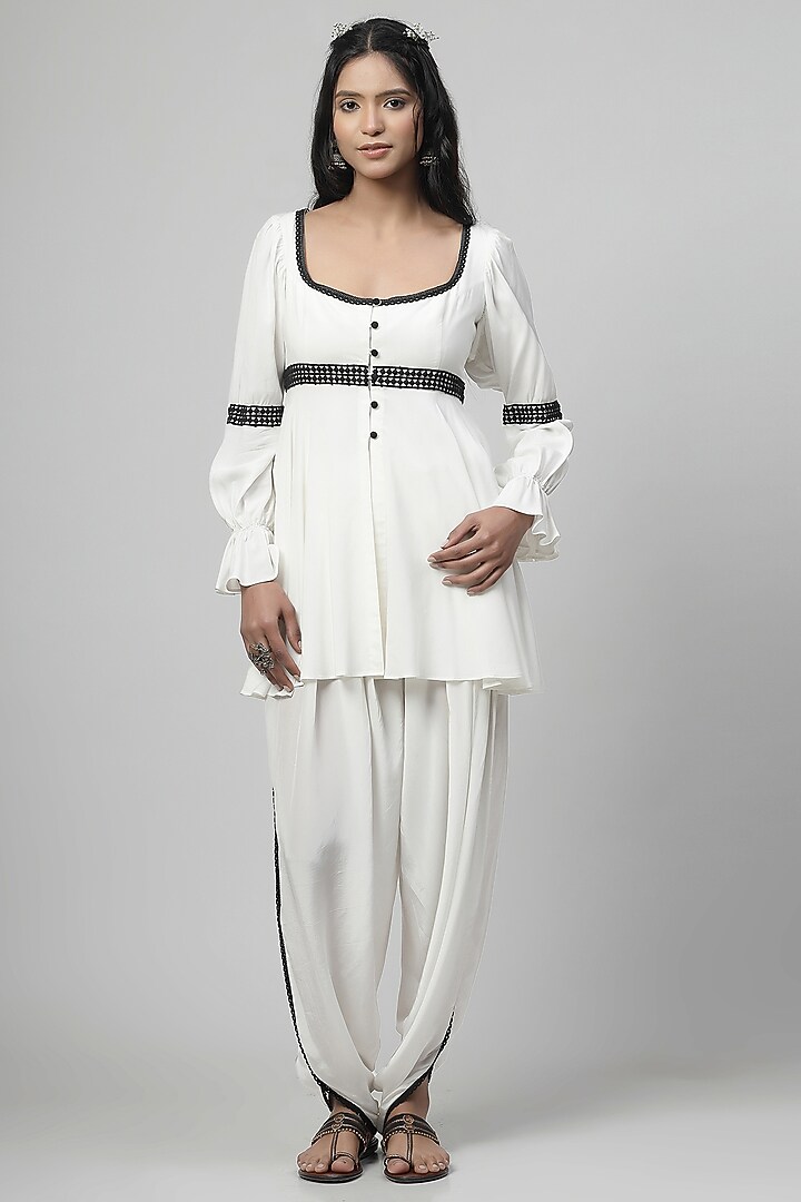 Porcelain White Chanderi Silk Applique Embroidered Co-Ord Set by Kushani at Pernia's Pop Up Shop