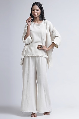 Ivory Cotton Linen Floral Applique Embroidered Co-Ord Set by Kushani