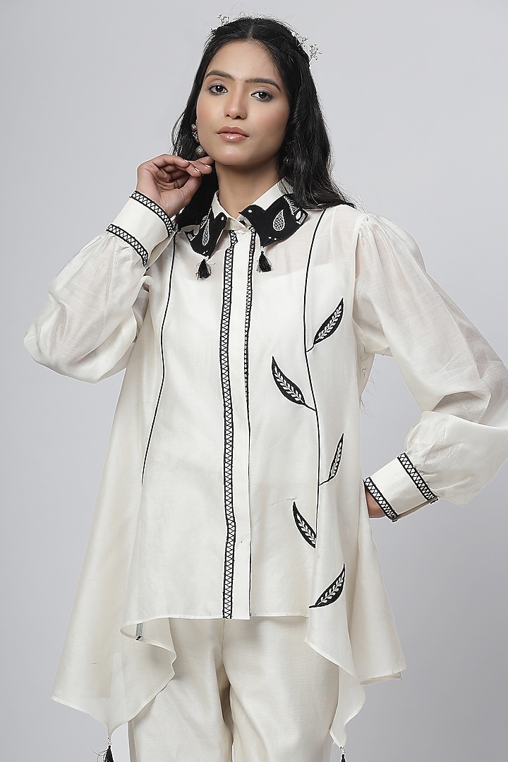 Porcelain White Chanderi Silk Applique Embroidered Co-Ord Set by Kushani at Pernia's Pop Up Shop