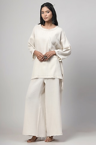 Ivory Cotton Linen Floral Applique Embroidered Co-Ord Set by Kushani