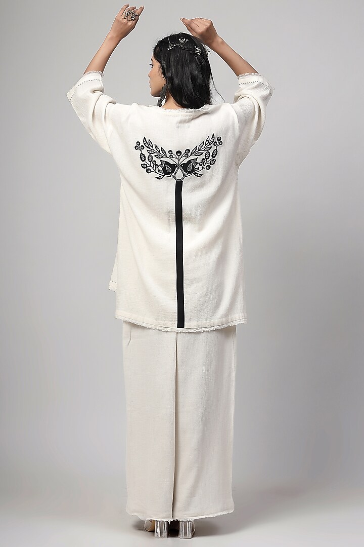 Ivory Cotton Linen Floral Applique Embroidered Co-Ord Set by Kushani at Pernia's Pop Up Shop