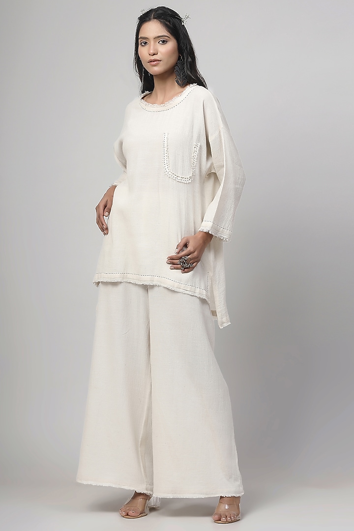 Ivory Cotton Linen Floral Applique Embroidered Co-Ord Set by Kushani at Pernia's Pop Up Shop