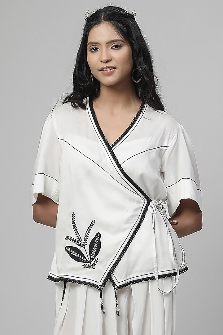 Porcelain White Chanderi Silk Applique Embroidered Co-Ord Set by Kushani at Pernia's Pop Up Shop