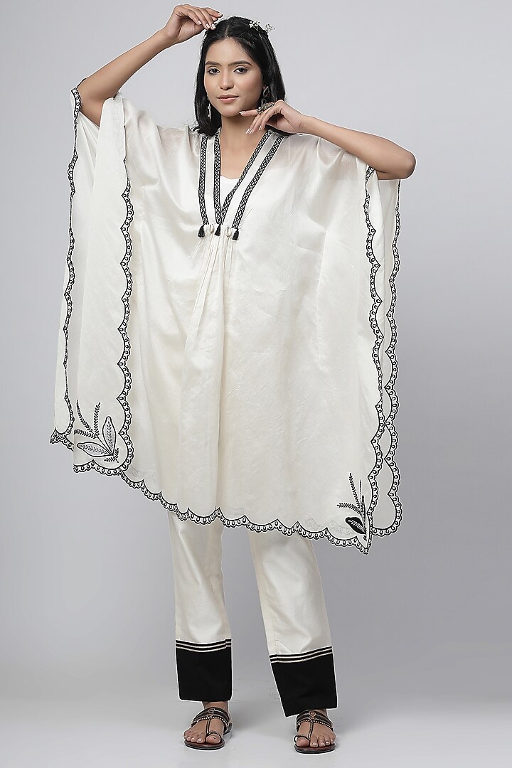 Porcelain White Chanderi Silk Applique Embroidered Kaftan Tunic Set by Kushani at Pernia's Pop Up Shop