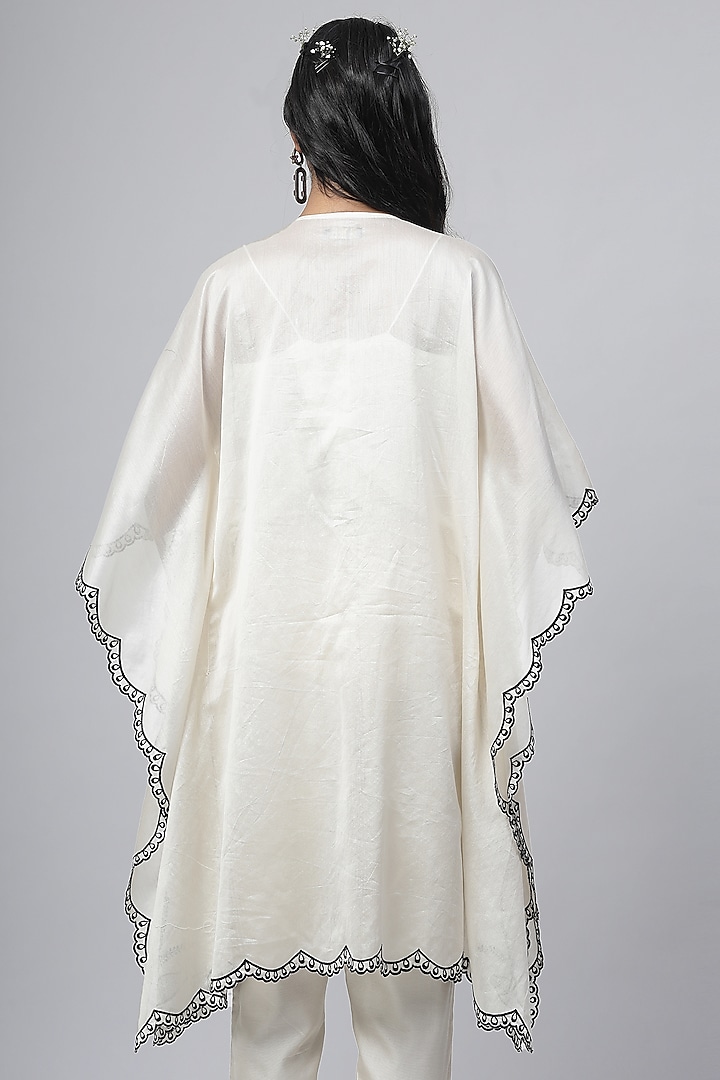 Porcelain White Chanderi Silk Applique Embroidered Kaftan Tunic Set by Kushani at Pernia's Pop Up Shop