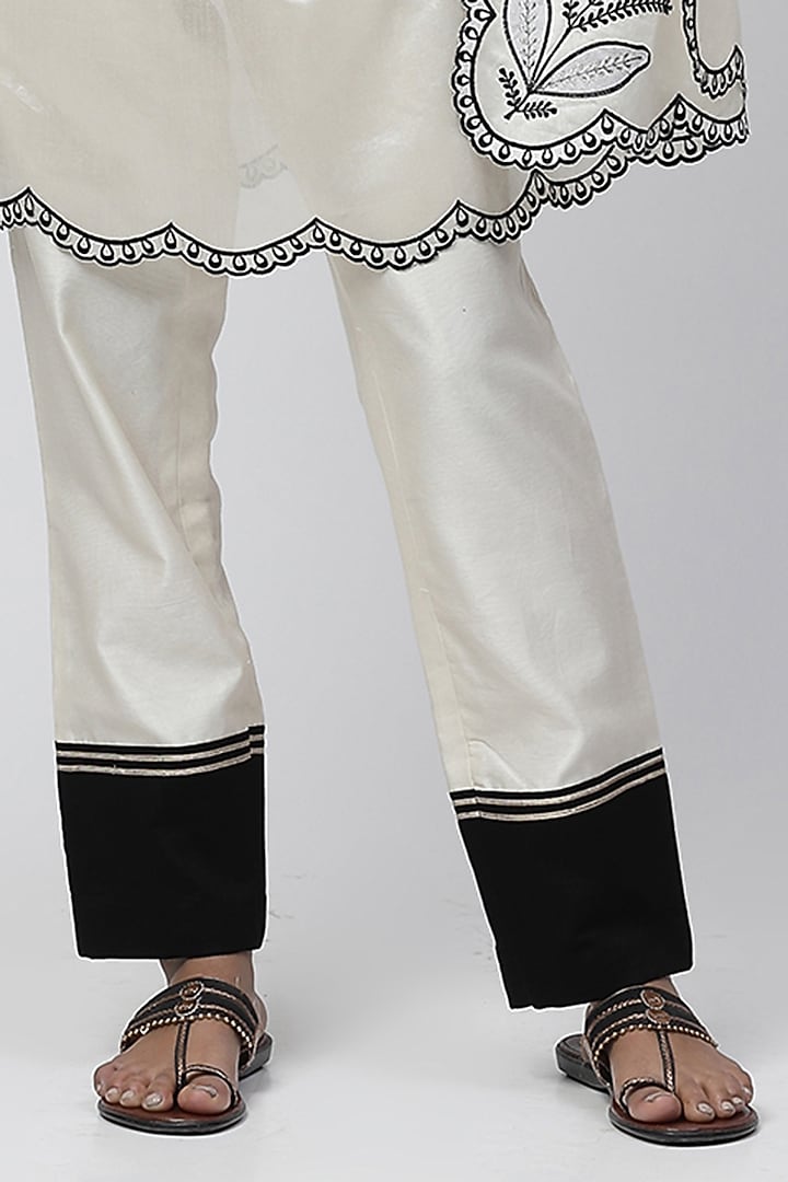 Porcelain White Chanderi Silk Applique Embroidered Kaftan Tunic Set by Kushani at Pernia's Pop Up Shop