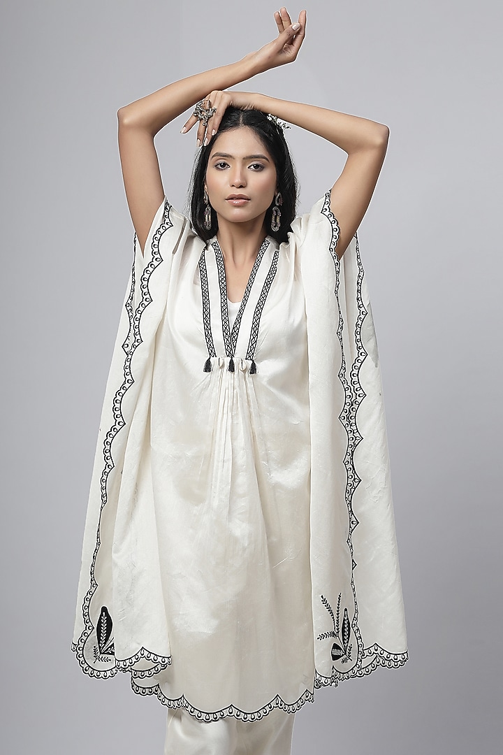 Porcelain White Chanderi Silk Applique Embroidered Kaftan Tunic Set by Kushani at Pernia's Pop Up Shop