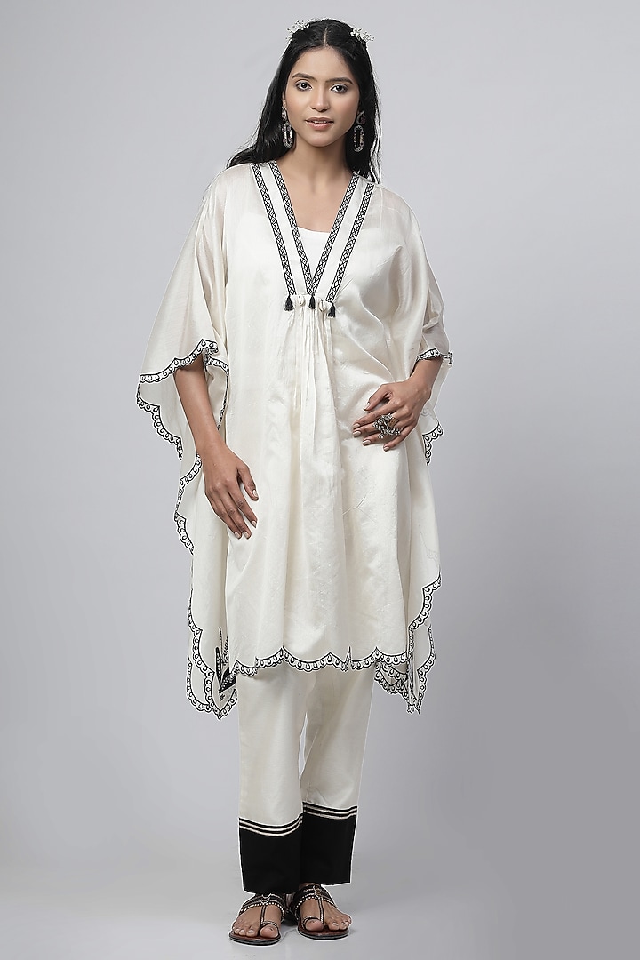 Porcelain White Chanderi Silk Applique Embroidered Kaftan Tunic Set by Kushani at Pernia's Pop Up Shop