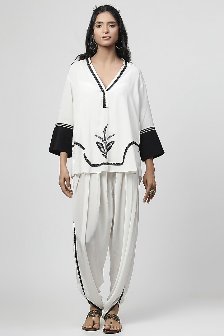 Porcelain White Chanderi Silk Applique Embroidered Co-Ord Set by Kushani at Pernia's Pop Up Shop