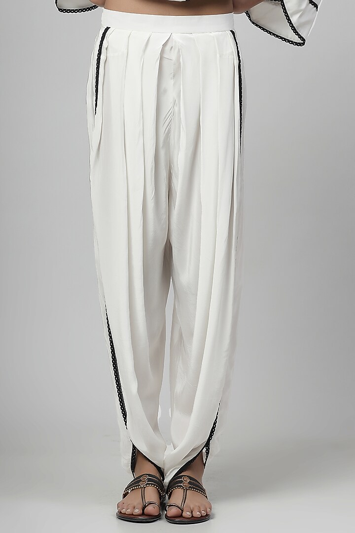Porcelain White Chanderi Silk Applique Embroidered Tunic Set by Kushani at Pernia's Pop Up Shop