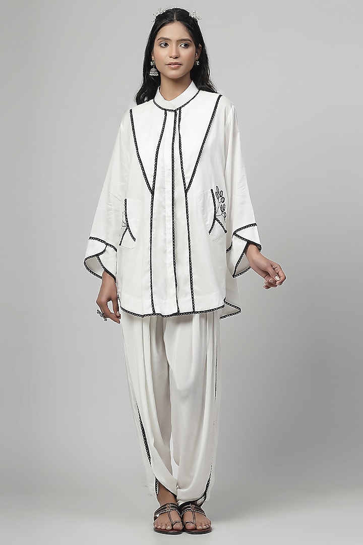 Porcelain White Chanderi Silk Applique Embroidered Co-Ord Set by Kushani at Pernia's Pop Up Shop