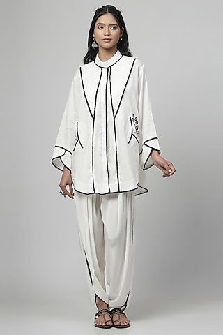 Porcelain White Chanderi Silk Applique Embroidered Co-Ord Set by Kushani