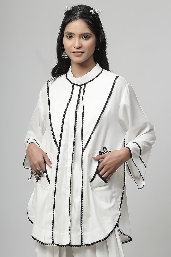 Porcelain White Chanderi Silk Applique Embroidered Co-Ord Set by Kushani at Pernia's Pop Up Shop