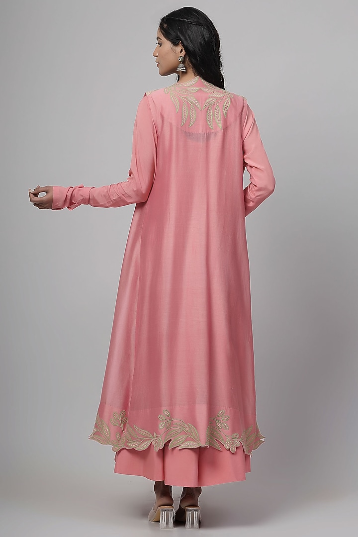 Blush Pink Cotton Silk Applique Embroidered Party Wear Anarkali Set by Kushani at Pernia's Pop Up Shop