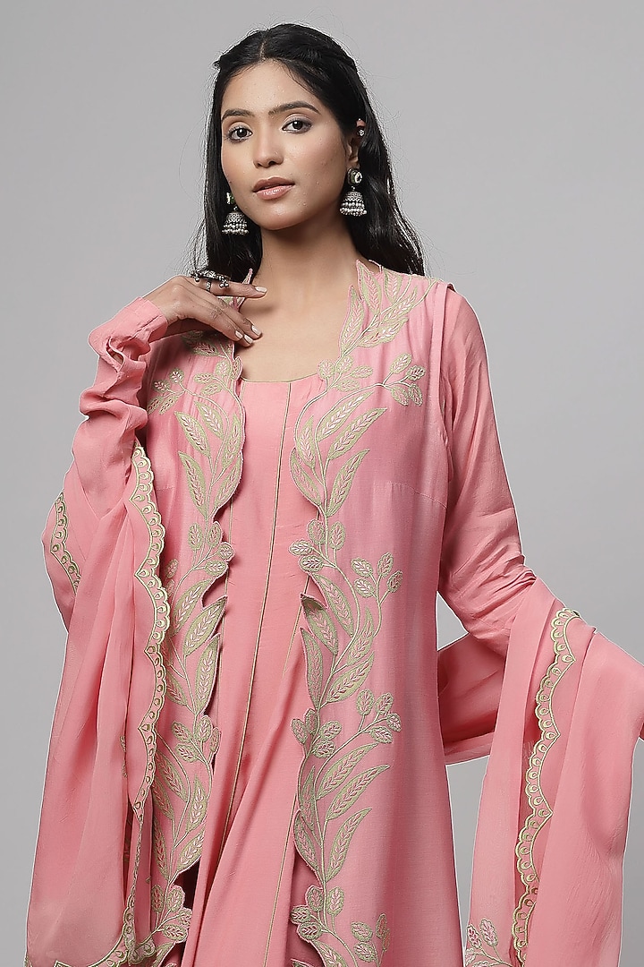 Blush Pink Cotton Silk Applique Embroidered Party Wear Anarkali Set by Kushani at Pernia's Pop Up Shop