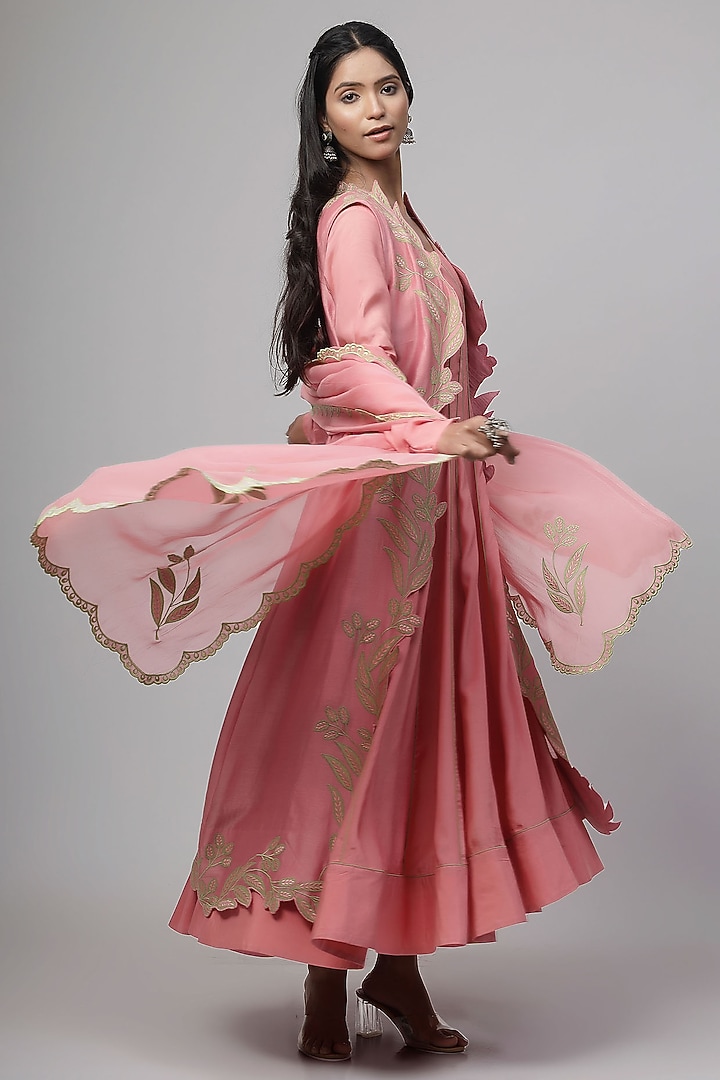 Blush Pink Cotton Silk Applique Embroidered Party Wear Anarkali Set by Kushani at Pernia's Pop Up Shop