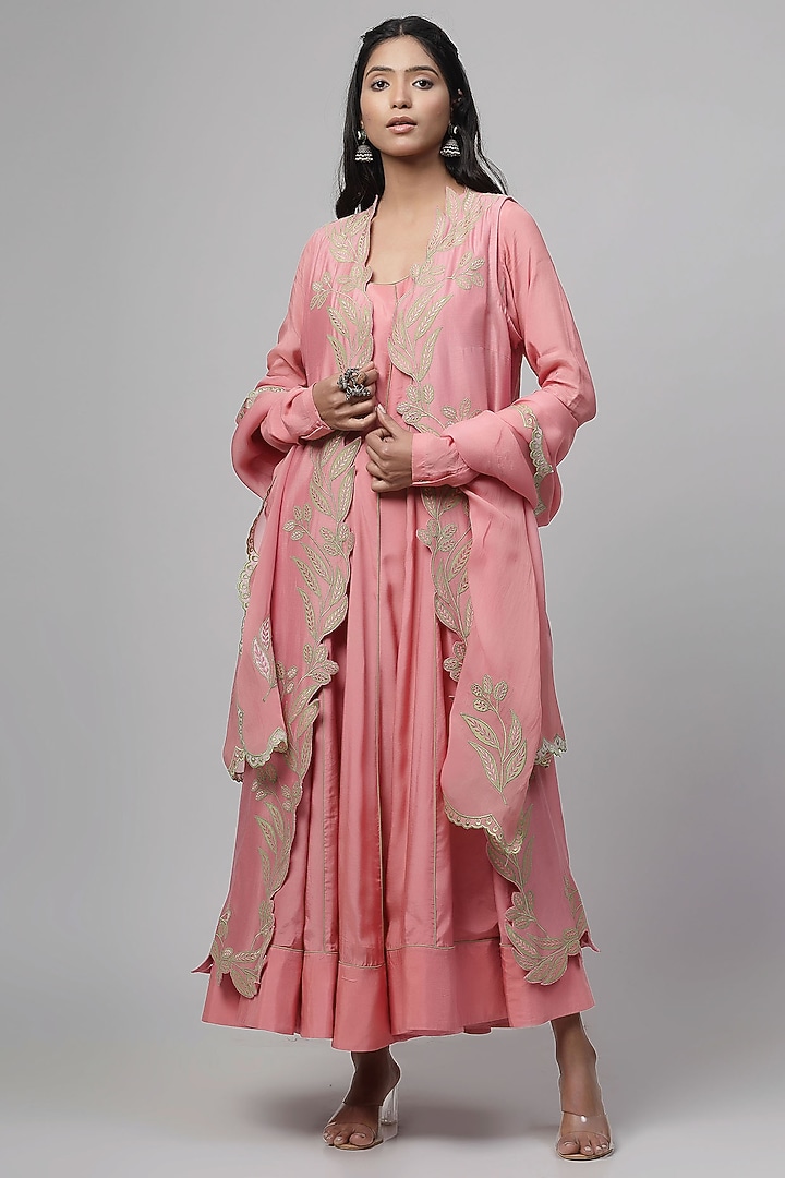 Blush Pink Cotton Silk Applique Embroidered Party Wear Anarkali Set by Kushani at Pernia's Pop Up Shop